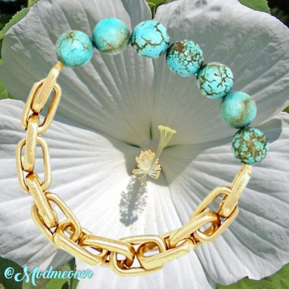Natural Turquoise Stones & Gold Chain Link Stretch Bracelet NEW - Picture 2 of 8